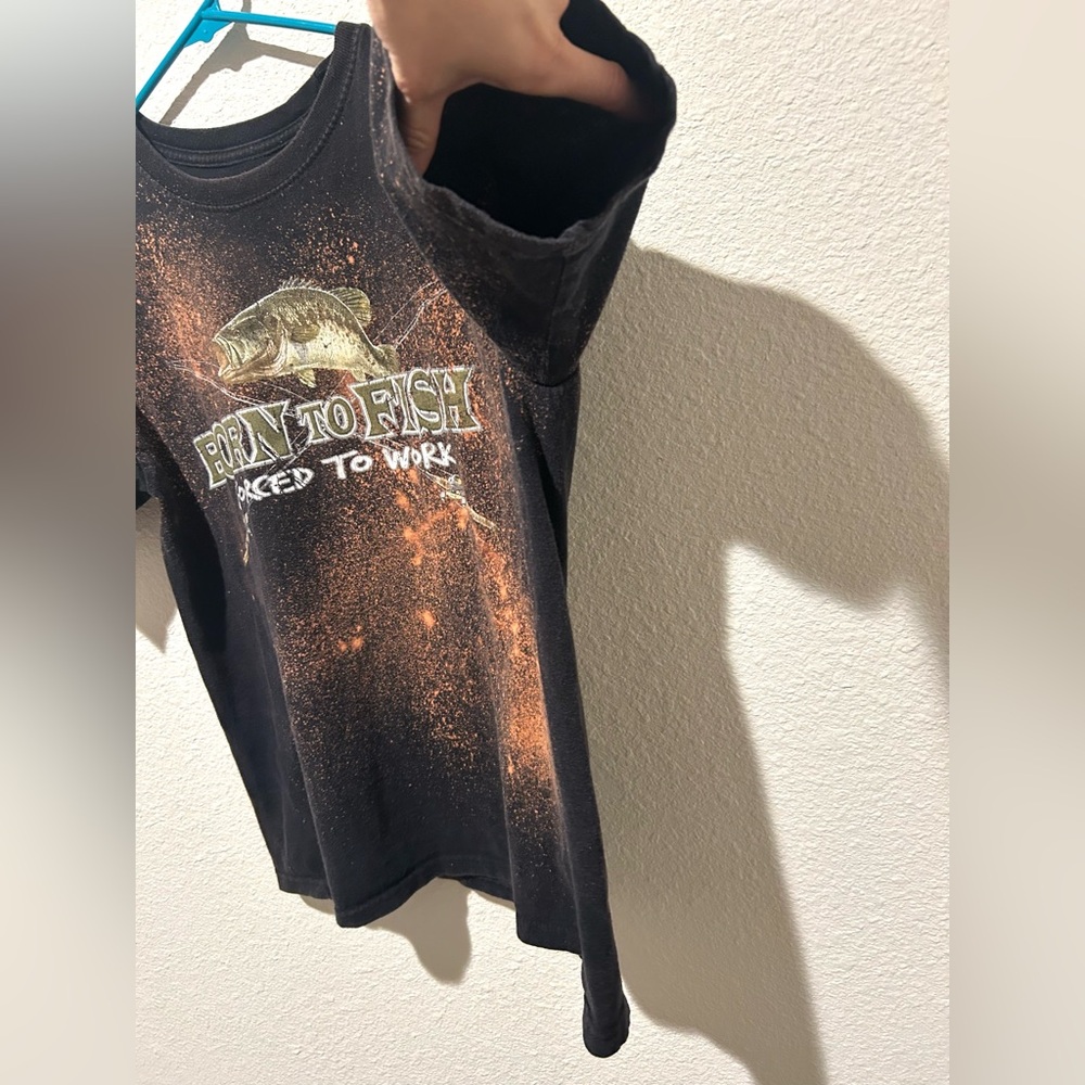 Born to Fish Shirt Bleach Dyed Tee Size M Black Graphic Fishing Grunge Upcycled - Picture 3 of 8
